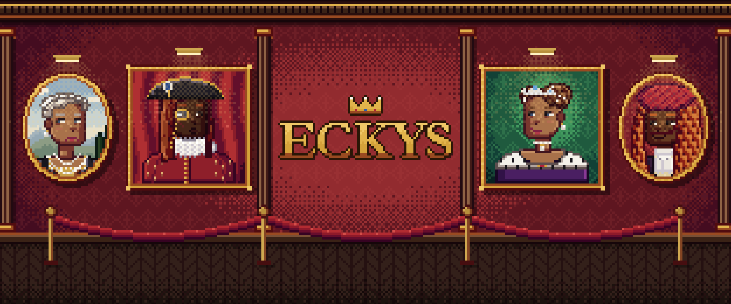 A gallery wall of Eckys portraits in gilt frames, with the ECKYS crest at the centre
